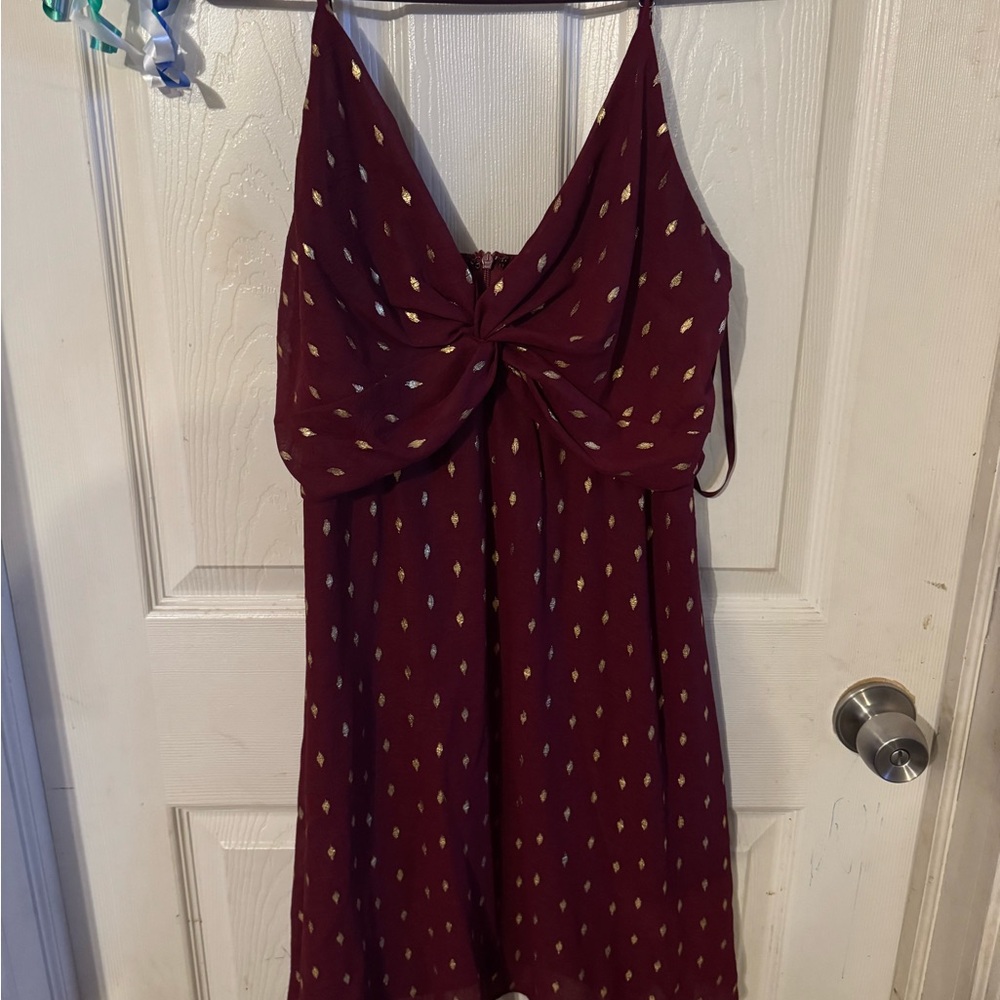 She + Sky Burgundy Mini Dress with Gold Details